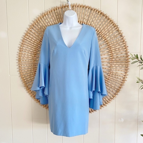 MILLY Nicole Dress in Steel Blue Ruffle Flare Bell Sleeve Size 2 - Picture 3 of 11